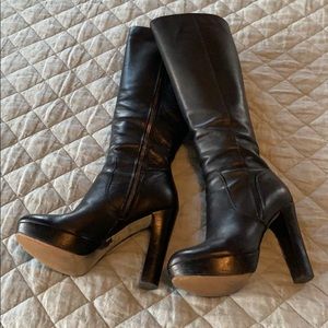 Michael Kors Black Leather Platform Knee-High Heeled Boots